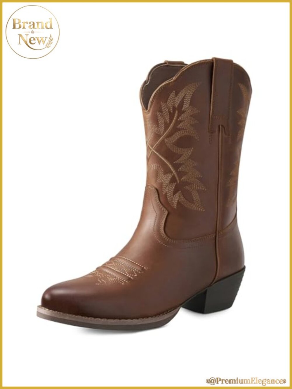 Genuine Leather Cowgirl Boots Mid Calf Round Toe Slip On Western